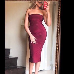 Wine Strapless Midi Dress